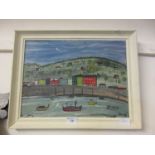 A framed oil on board of harbour scene signed bottom right