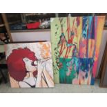Two modern stretched canvases depicting singer and abstract scene