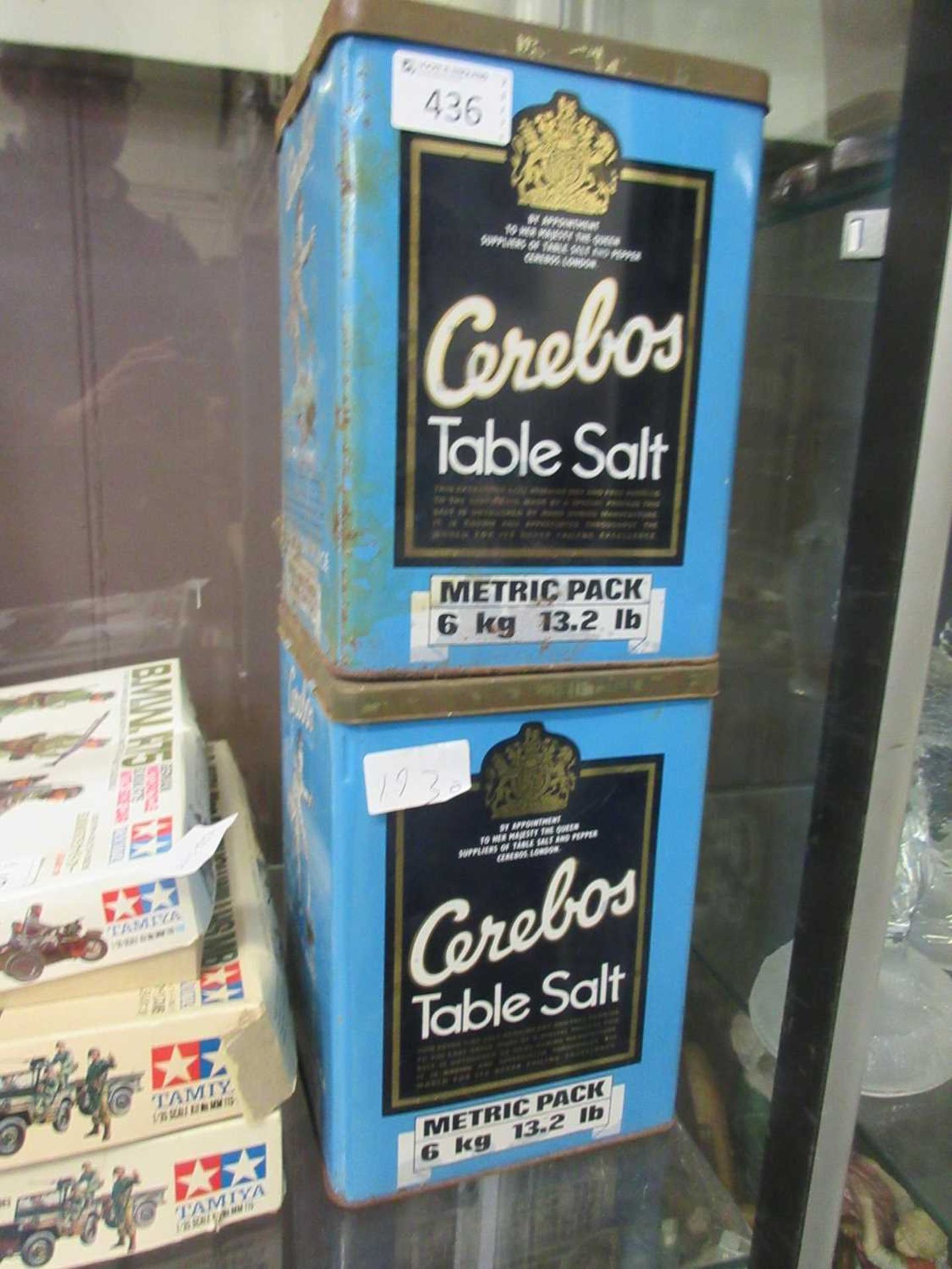 Two Cerebos table salt tins