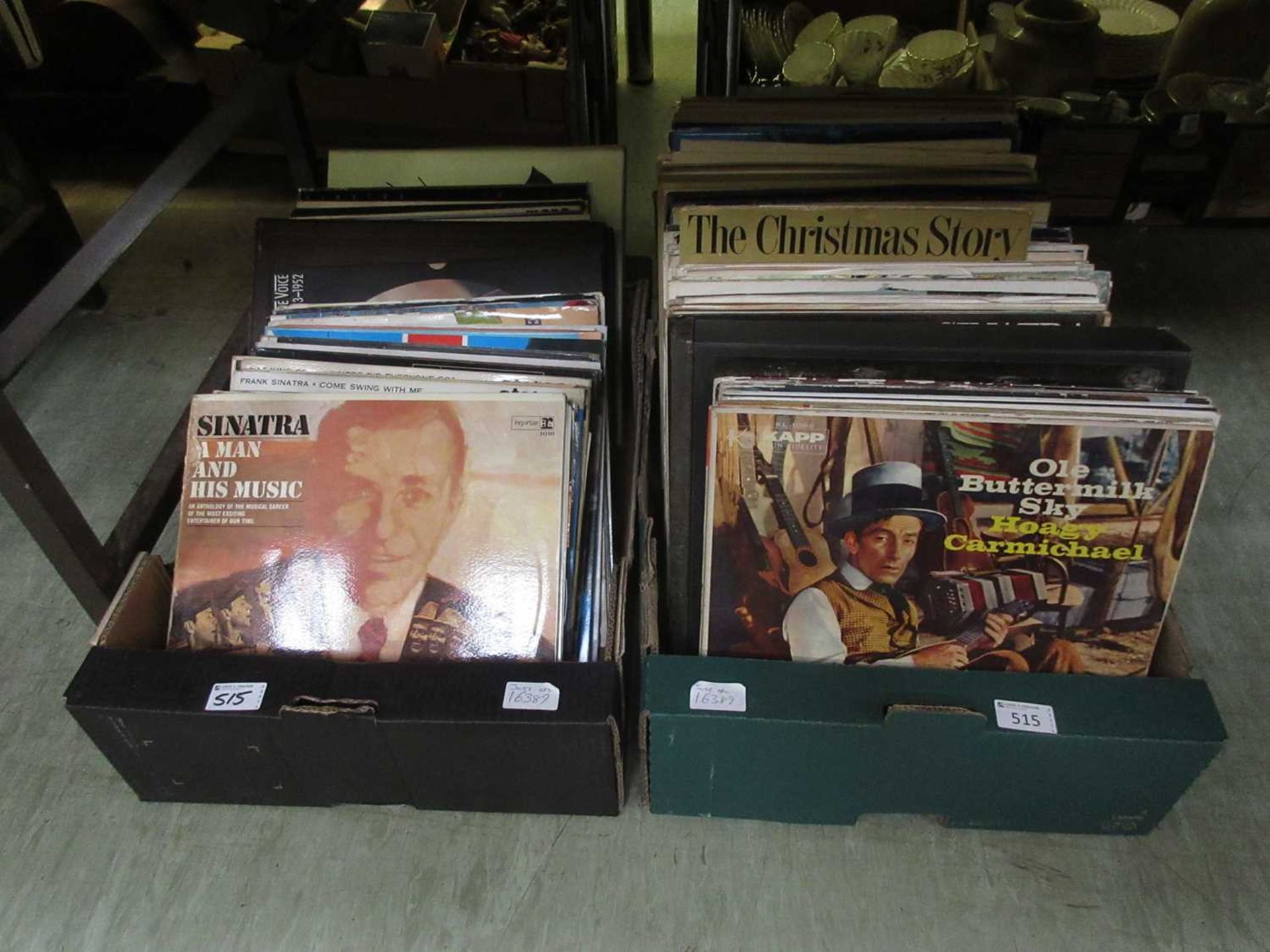 Two trays of 33RPM records to include jazz, Frank Sinatra, etc