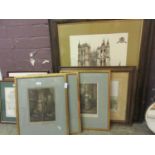Five framed and glazed monochrome prints to include Cries Of London, cathedrals, etc
