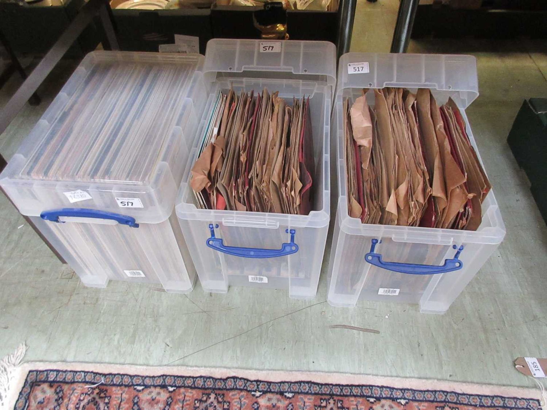 Three PVC boxes of 78 and 33RPM records, mainly jazz