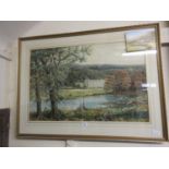 A framed and glazed watercolour of lake before Chatsworth House