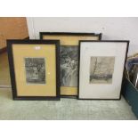 Three framed and glazed monochrome prints to include countryside, classical figures, etc