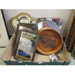 A tray containing a quantity of mirrors to include advertising along with a carved wooden bowl
