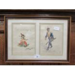 A framed and glazed display of two watercolours to include military gentleman, and 'The Messenger'