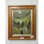 A framed and glazed oil painting of abstract countryside scene