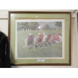 A framed and glazed limited edition print of a painting of cricket match no.72/850