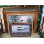 Artworks to include oil on canvas of country lane, Spitfire print, Kuneo print, etc