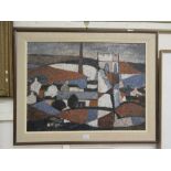 A framed oil on board of abstract town scene initialled E.M