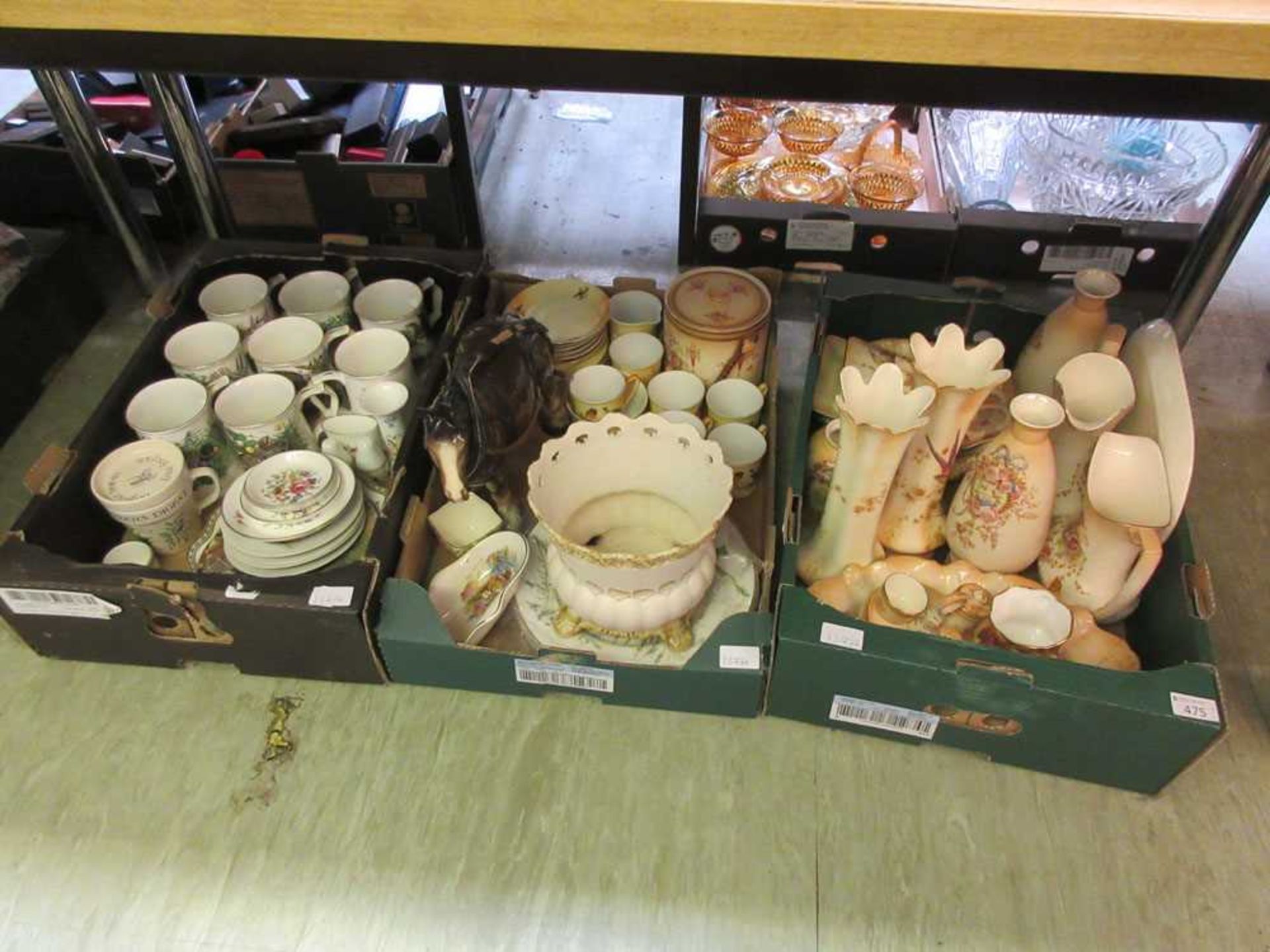 Three trays of ceramic ware to include shire horse, mugs, vases, etc