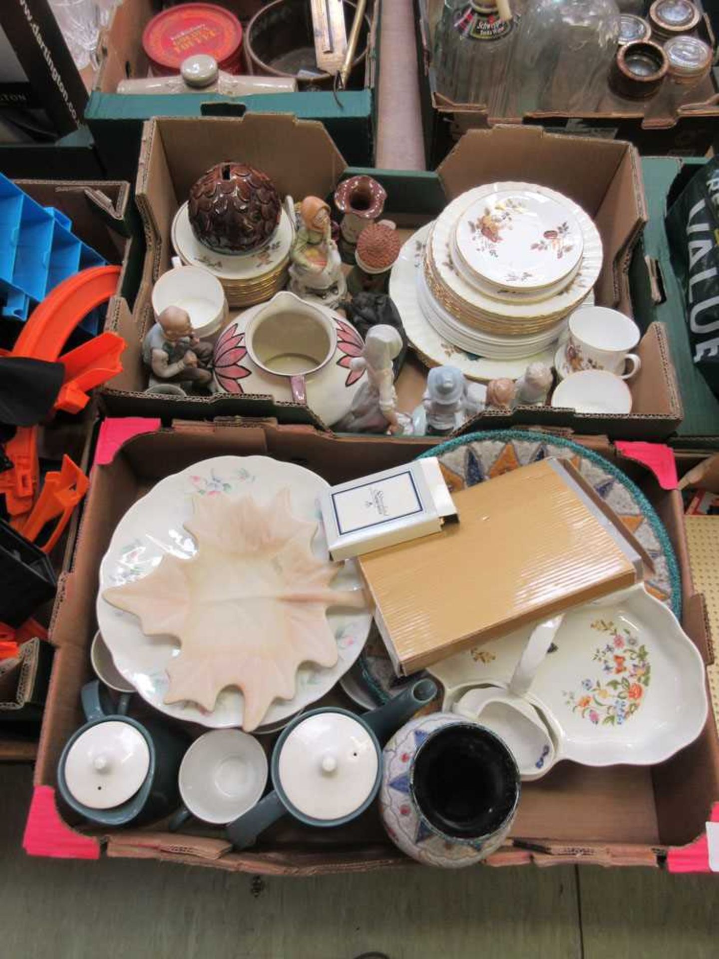 Two trays of ceramics to include Spanish figurines, plates, Poole Pottery part tea/coffee service,