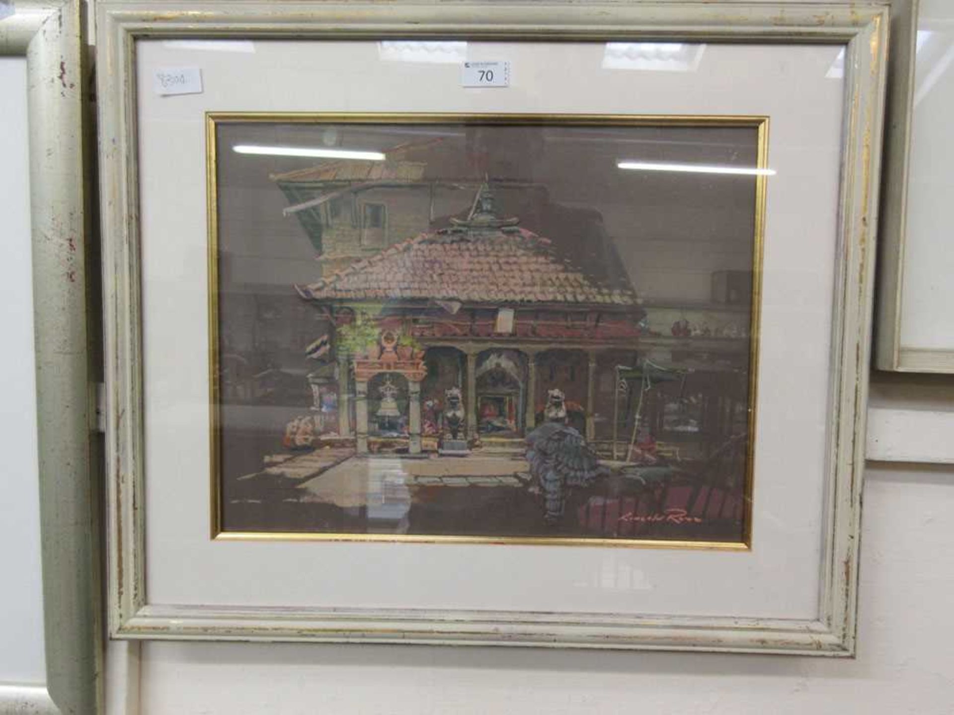 A framed and glazed pastel of temple signed bottom right