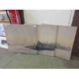 Three stretched canvasses depicting a city scene