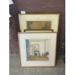 Four framed and glazed artworks to include a watercolour of interior scene, print of town scene