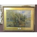 A framed and glazed watercolour of trees by river scene signed Clive Newcome