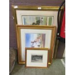 Four framed and glazed artworks to include a watercolour of street scene, golfing print etc.