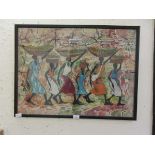 A framed and glazed African print on fabric of figures carrying food signed Mareta