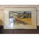 A framed and glazed watercolour of sheep in lane scene signed bottom left