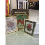 A collection of framed and glazed artwork to include needleworks, still life, monochrome print and