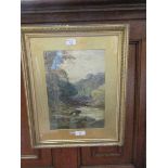 19th century English school figures by woodland river watercolour signed (illegible) 25 cm x 35 cm