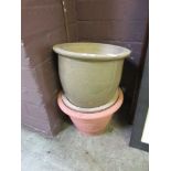 Two glazed garden pots plus one PVC one