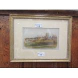 A framed and glazed possible watercolour of country scene with church signed bottom right Warkton