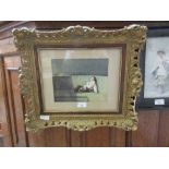 A framed and glazed possible watercolour of child asleep on garden seat