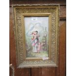 A gilt framed ceramic oil of young lady with children signed bottom right Farge