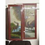 A pair of framed paintings on glass of stags