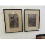 Two framed and glazed micro engravings of Tudor buildings including Lord Leycester Hospital