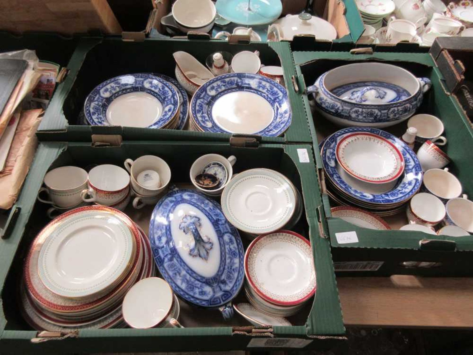 Three trays of ceramic ware to include blue and white, Royal Doulton 'Berkshire' , Meakin, etc