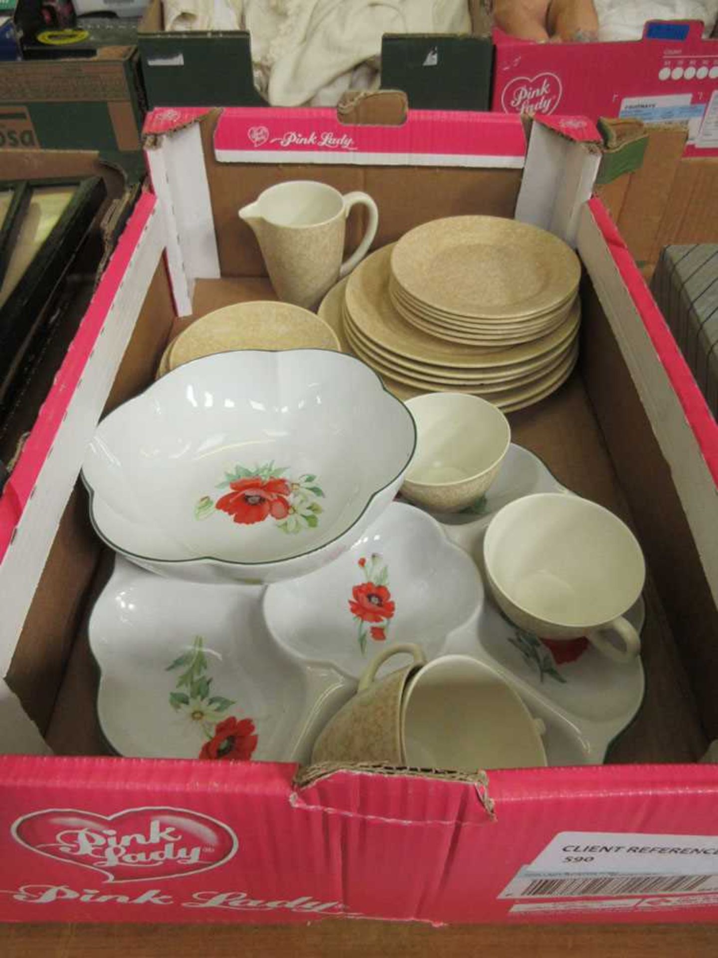 A tray of ceramics to include Poole Pottery 'Harvest' part tea set, Royal Worcester hors d'oeuvres