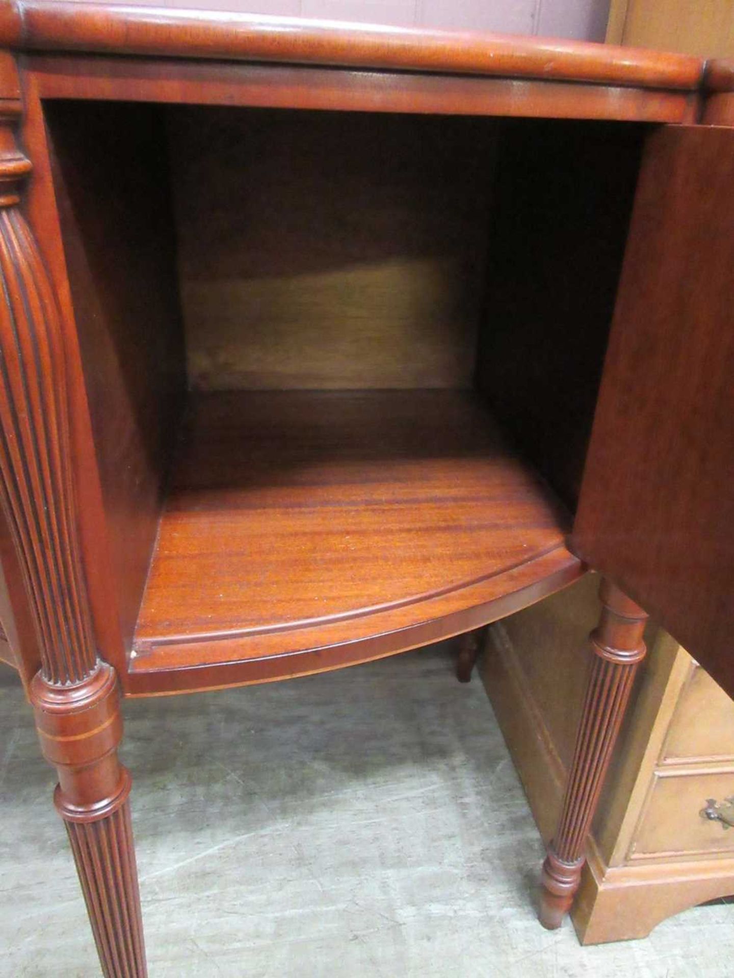 A reproduction mahogany boxwood strung sideboard, the top over a concave central section with tamber - Image 4 of 5