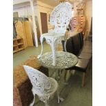 A white painted cast aluminium garden table and two matching chairs