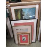 A collection of framed and glazed artworks to include a watercolour of countryside scene signed