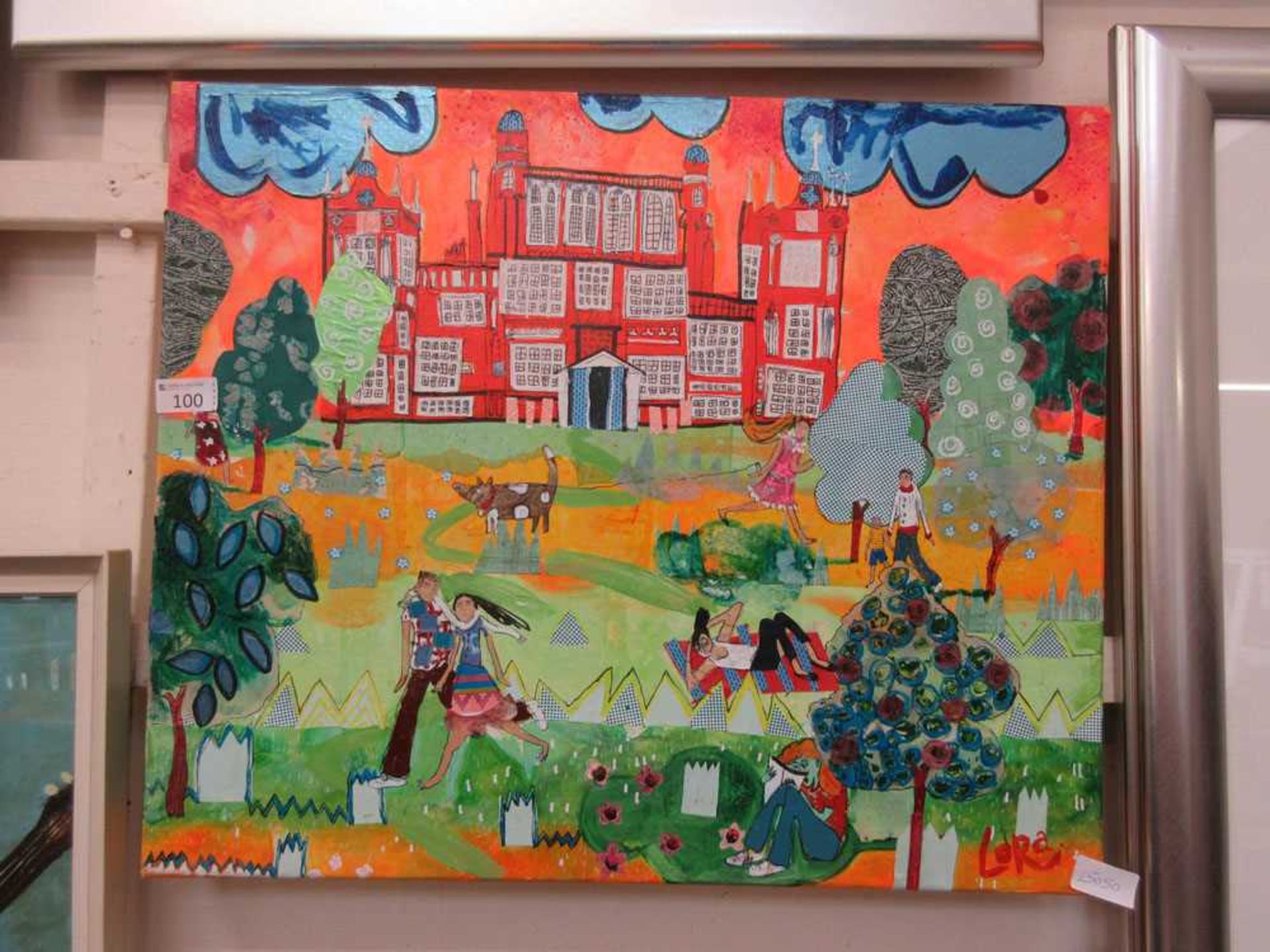 An unframed multimedia artwork of city park scene signed Lora