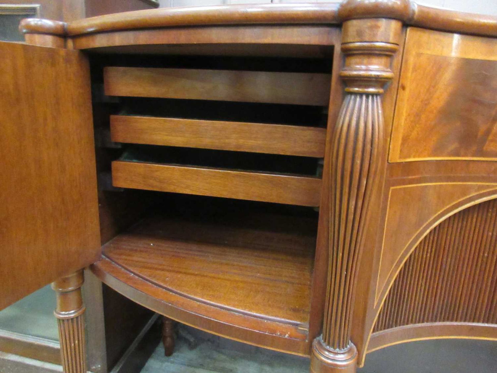 A reproduction mahogany boxwood strung sideboard, the top over a concave central section with tamber - Image 5 of 5