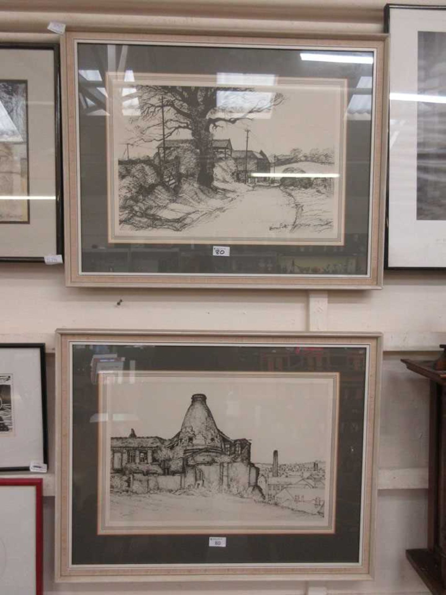 Two framed and glazed monochrome prints of Oeste House and country lane after Harry Smith