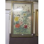 A framed and glazed oriental painting on silk of butterflies and flowers