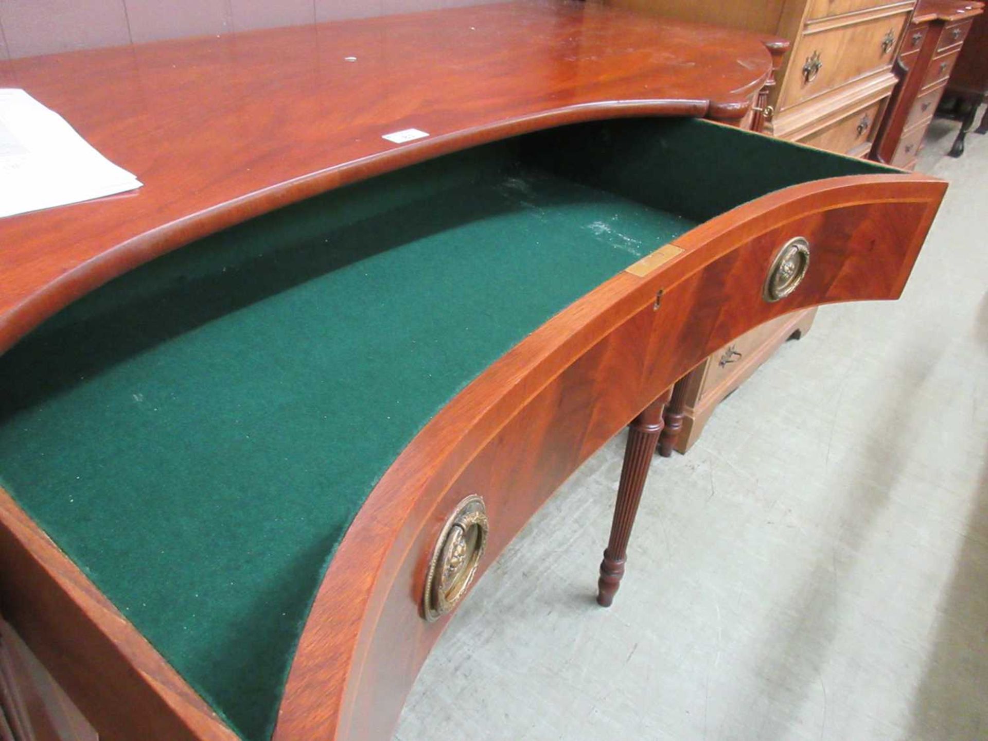 A reproduction mahogany boxwood strung sideboard, the top over a concave central section with tamber - Image 2 of 5