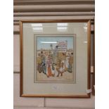 A framed and glazed watercolour of travelling salesmen signed M Chapman No apparent damage to
