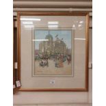 A framed and glazed watercolour of theatre in town scene signed M Chapman No apparent damage to