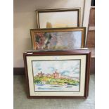 Artworks to include oil on canvas of river scene, watercolour of Windsor Castle etc.