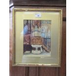 A framed and glazed watercolour of church interior