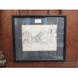 A framed and glazed pencil drawing of town street scene signed Frank Lewis Emanuel