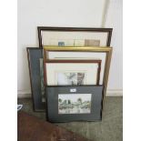 Five framed and glazed artworks to include watercolour of church scene, Russell Flint print, etc