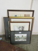 Five framed and glazed artworks to include watercolour of church scene, Russell Flint print, etc