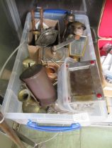 A tray of collectable items to include glass drops, coffee grinder, brass money box etc.
