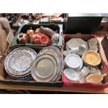 Three trays containing ceramics, coronation ware, glazed stoneware, etc